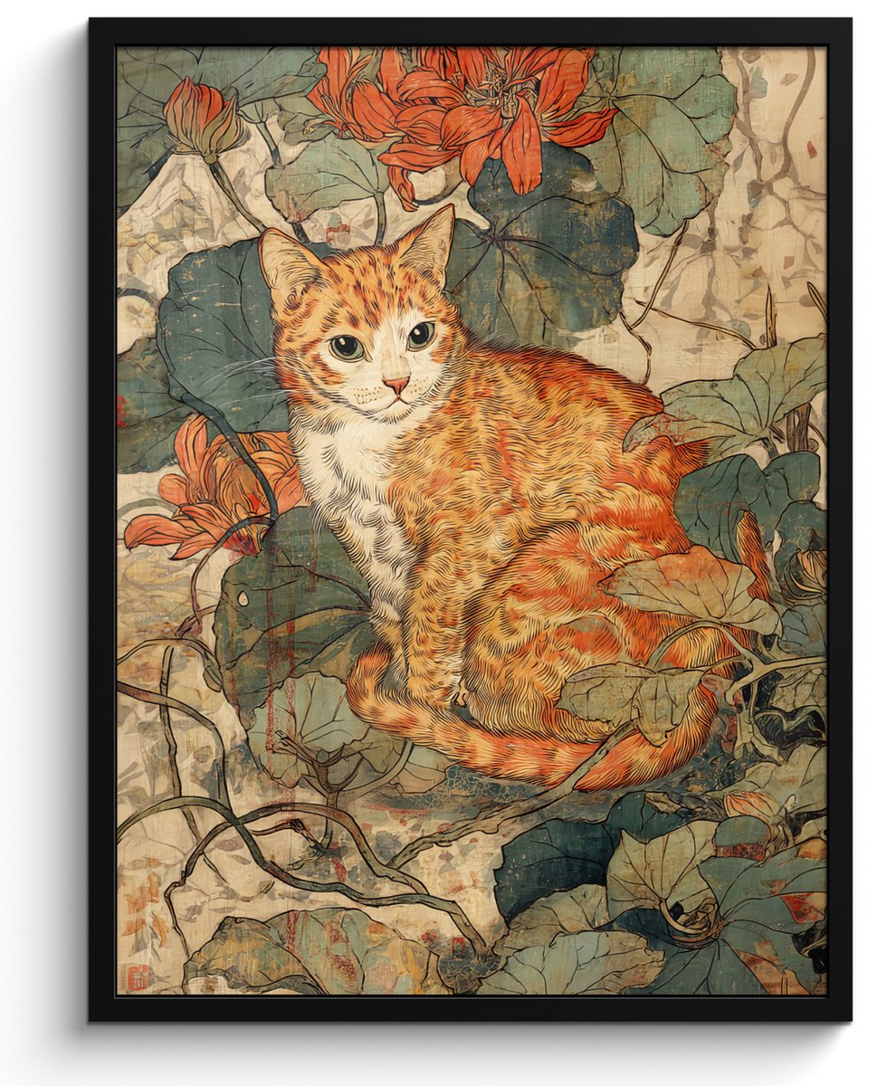 FrameYourWall Poster in lijst - Fotolijst 50x70 cm - Posters - Kat - Sierlijk - Bloemen - Posterlijst zwart - Decoratie - Wanddecoratie woonkamer - Muurdecoratie slaapkamer