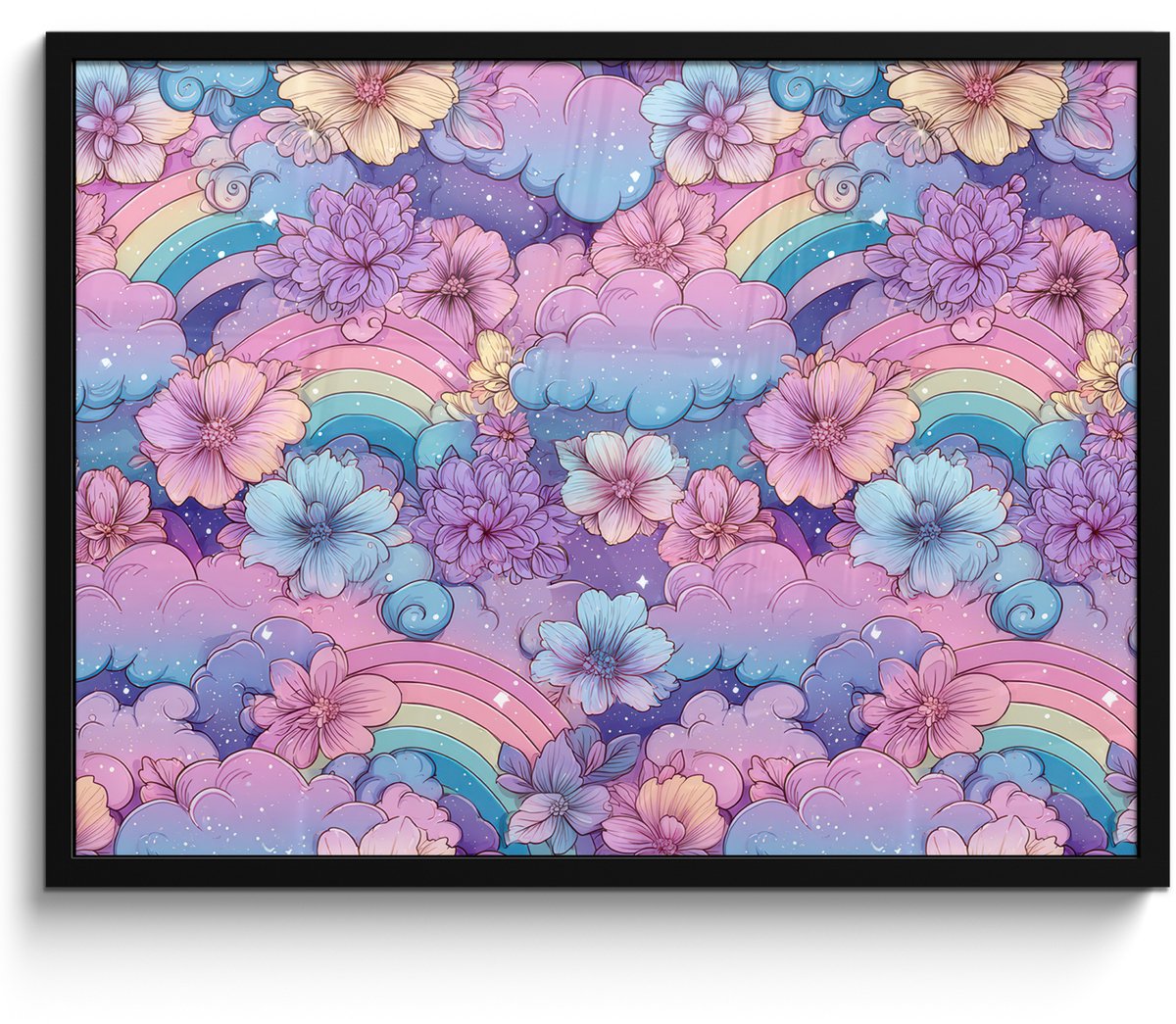 FrameYourWall Poster in lijst - Fotolijst 70x50 cm - Posters - Regenbogen - Bloemen - Kleurrijk - Wolken - Posterlijst zwart - Decoratie - Wanddecoratie woonkamer - Muurdecoratie slaapkamer