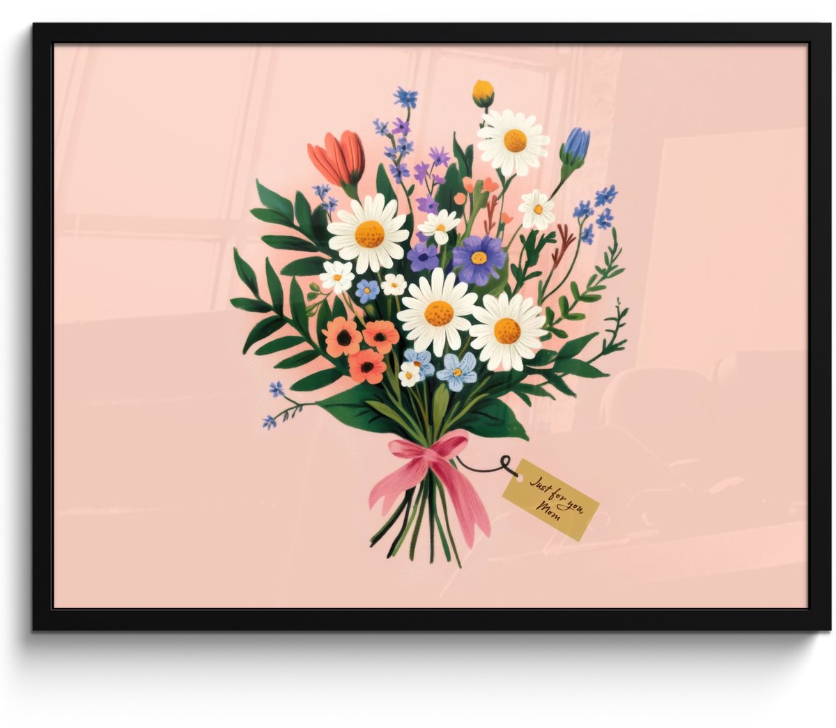 FrameYourWall Poster in lijst - Fotolijst 70x50 cm - Posters - Margrieten - Boeket - Strikje - Roze - Posterlijst zwart - Decoratie - Wanddecoratie woonkamer - Muurdecoratie slaapkamer Boeket - Kaartje