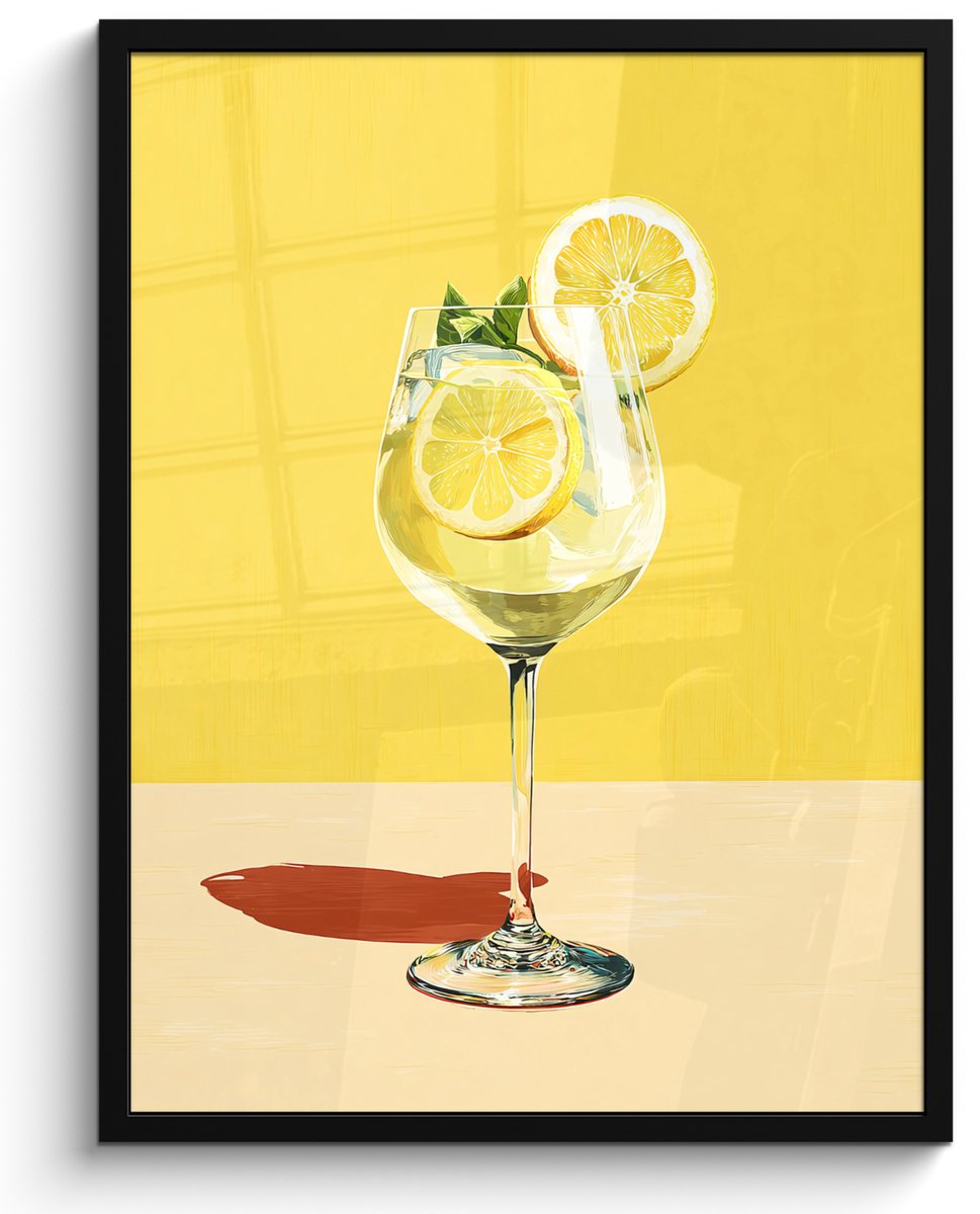 FrameYourWall Poster in lijst - Fotolijst 50x70 cm - Posters - Wijnglas - Citroen - Geel - Minimalistisch - Posterlijst zwart - Decoratie - Wanddecoratie woonkamer - Muurdecoratie slaapkamer