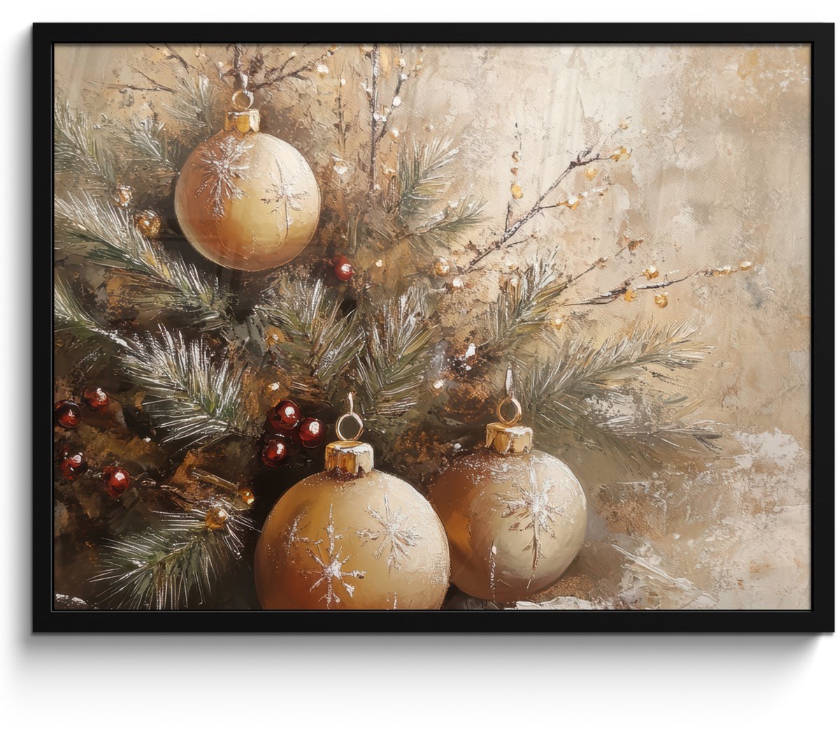 FrameYourWall Poster in lijst - Fotolijst 70x50 cm - Posters - Kerst - Kerstballen - Beige - Goud - Posterlijst zwart - Decoratie - Wanddecoratie woonkamer - Kerstdecoratie voor binnen - Kerstversiering - Kerstmis versiering in huis - Kerstaccessoires
