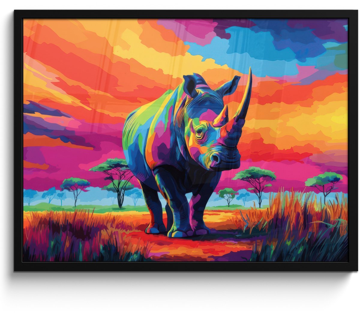FrameYourWall Poster in lijst - Fotolijst 70x50 cm - Posters - Neushoorn - Zonsondergang - Savanna - Kleurrijk - Posterlijst zwart - Decoratie - Wanddecoratie woonkamer - Muurdecoratie slaapkamer Neushoorn - Kleurrijk