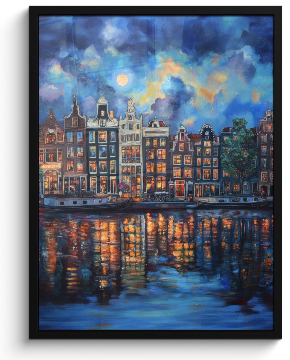 FrameYourWall Poster in lijst - Fotolijst 50x70 cm - Posters - Grachten Amsterdam - Huizen - Stad - Kleurrijk - Posterlijst zwart - Decoratie - Wanddecoratie woonkamer - Muurdecoratie slaapkamer Grachten - Huizen
