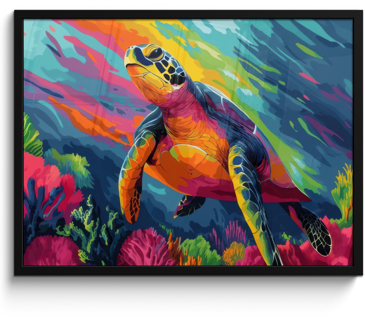 FrameYourWall Poster in lijst - Fotolijst 70x50 cm - Posters - Koraal - Schildpad - Abstract - Water - Posterlijst zwart - Decoratie - Wanddecoratie woonkamer - Muurdecoratie slaapkamer Schildpad - Kleurrijk