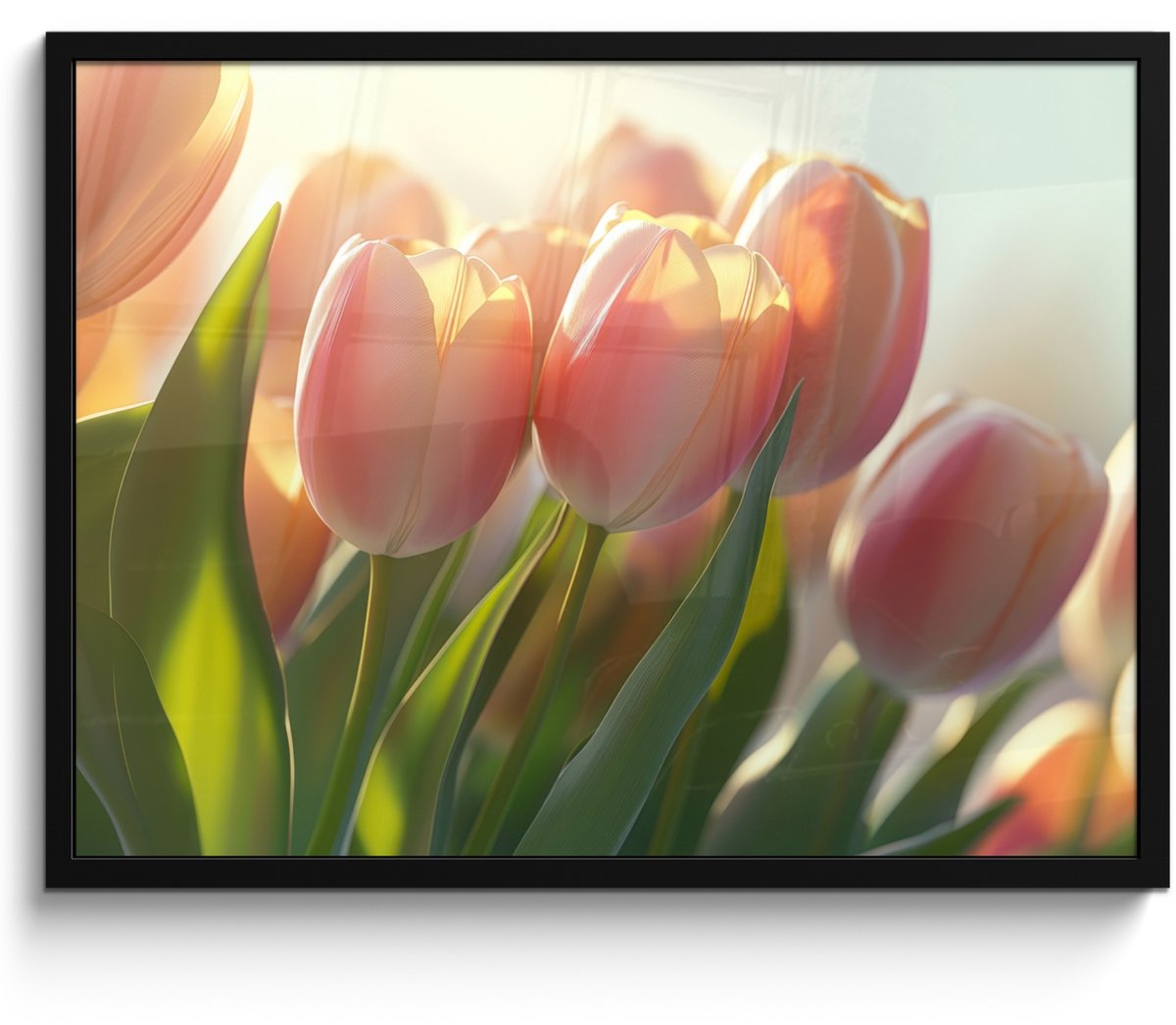 FrameYourWall Poster in lijst - Fotolijst 70x50 cm - Posters - Tulpen - Roze - Zonnestralen - Posterlijst zwart - Decoratie - Wanddecoratie woonkamer - Muurdecoratie slaapkamer