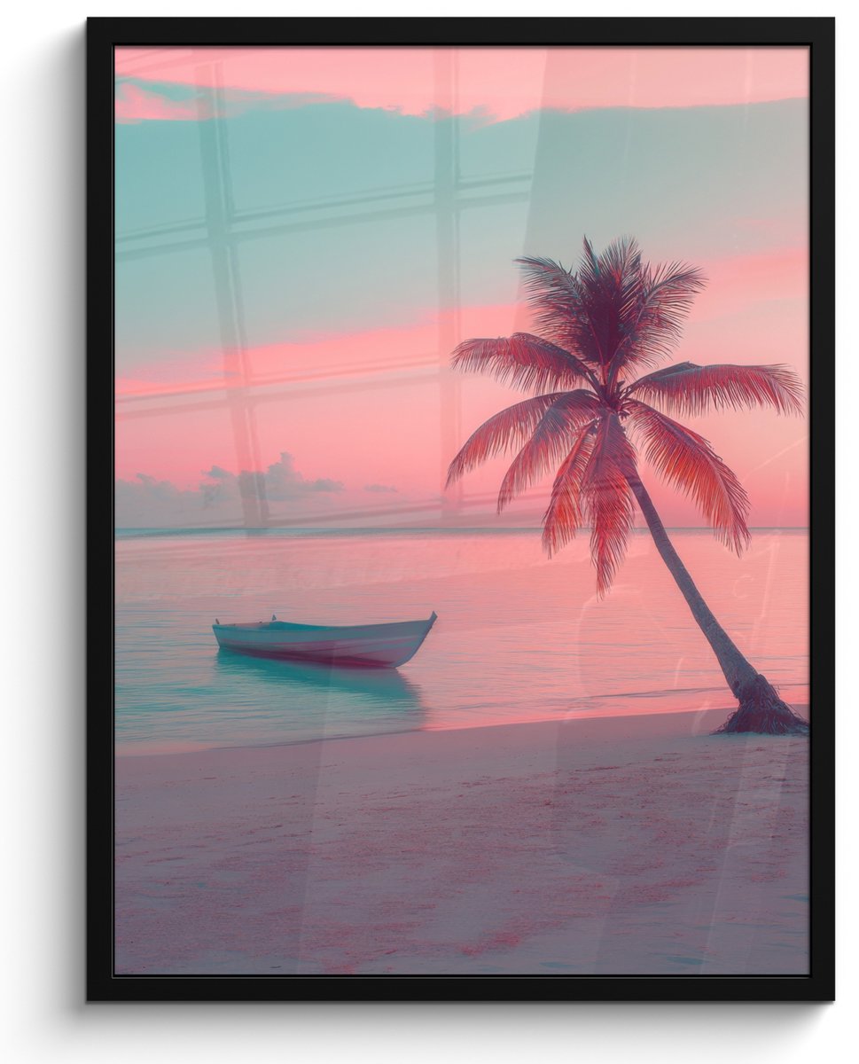 FrameYourWall Poster in lijst - Fotolijst 50x70 cm - Posters - Zee - Boot - Zonsondergang - Posterlijst zwart - Decoratie - Wanddecoratie woonkamer - Muurdecoratie slaapkamer Strand - Palmboom