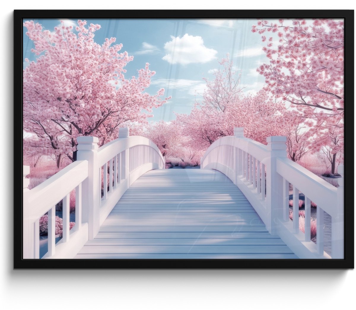 FrameYourWall Poster in lijst - Fotolijst 70x50 cm - Posters - Brug - Kersenbomen - Wit - Posterlijst zwart - Decoratie - Wanddecoratie woonkamer - Muurdecoratie slaapkamer Brug - Sakura