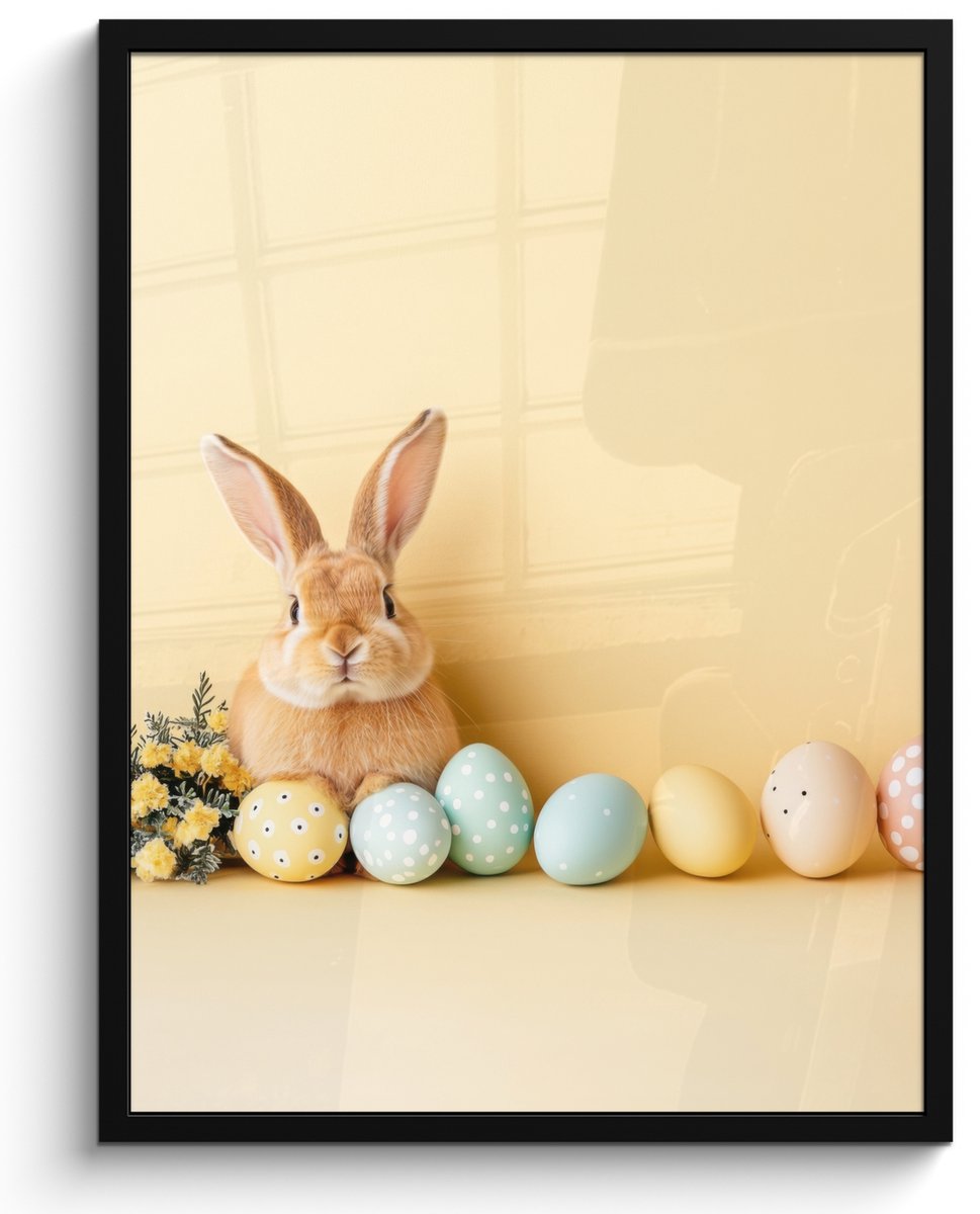 FrameYourWall Poster in lijst - Fotolijst 50x70 cm - Posters - Eieren - Konijn - Pasteltinten - Posterlijst zwart - Decoratie - Wanddecoratie woonkamer - Muurdecoratie slaapkamer