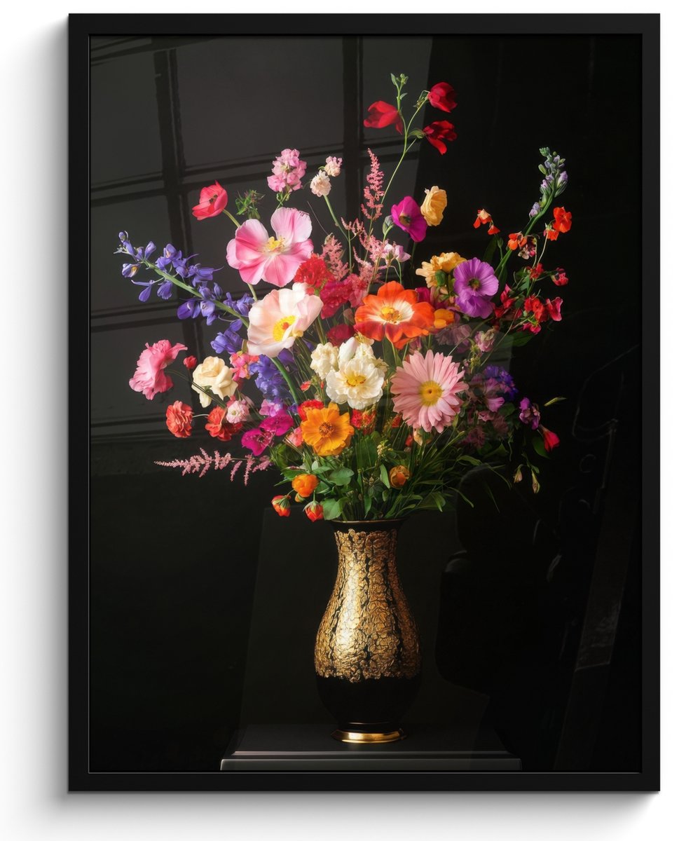 FrameYourWall Poster in lijst - Fotolijst 50x70 cm - Posters - Kleurrijk - Boeket - Vaas - Goud - Posterlijst zwart - Decoratie - Wanddecoratie woonkamer - Muurdecoratie slaapkamer Boeket - Bloemen 3