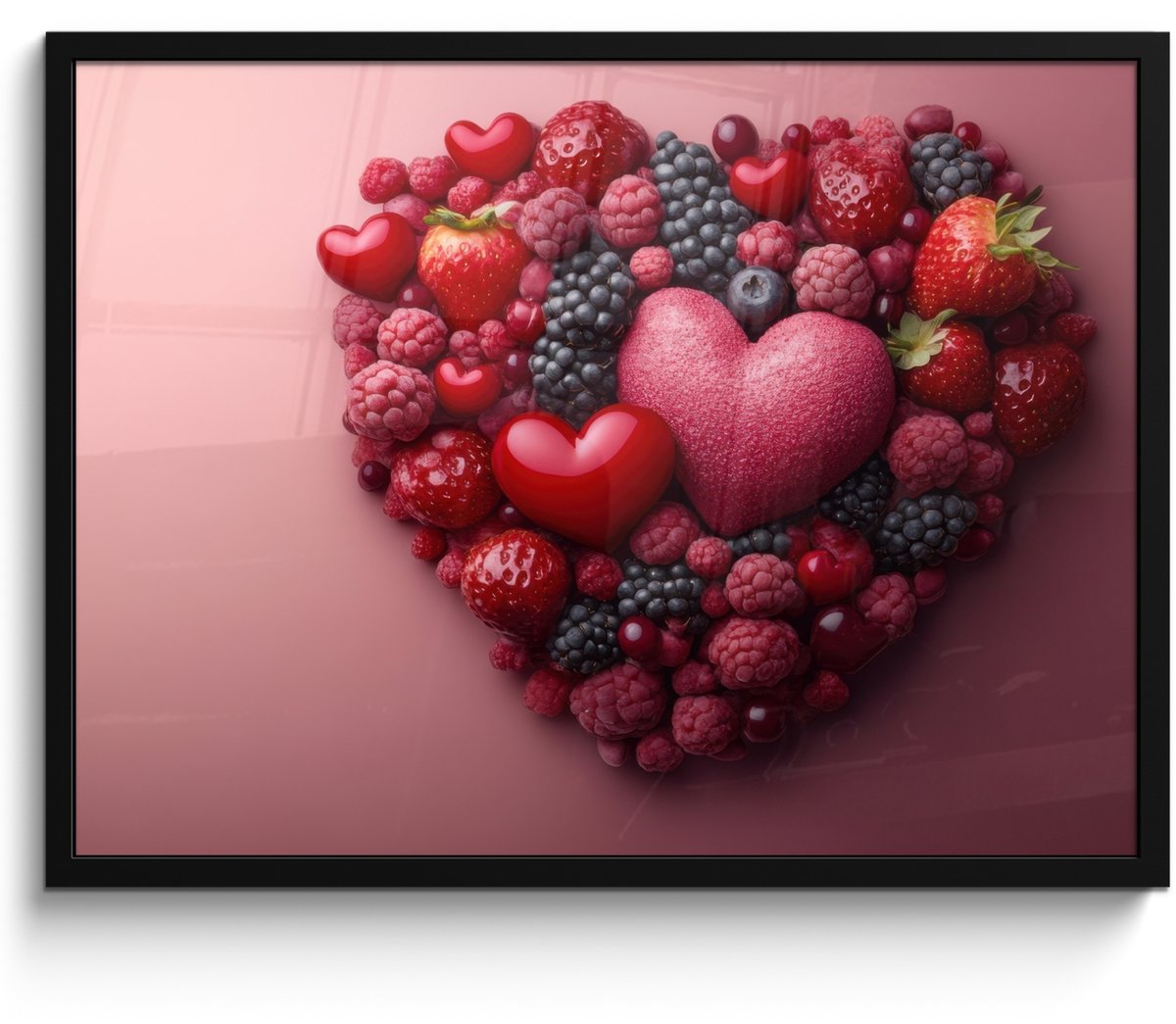 FrameYourWall Poster in lijst - Fotolijst 70x50 cm - Posters - Fruit - Hartjes - Aardbeien - Frambozen - Bosbessen - Posterlijst zwart - Decoratie - Wanddecoratie woonkamer - Muurdecoratie slaapkamer