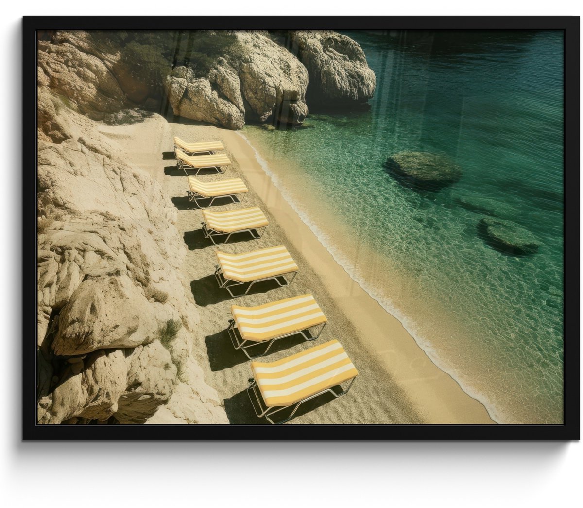 FrameYourWall Poster in lijst - Fotolijst 70x50 cm - Posters - Strandbedden - Zee - Stenen - Baai - Posterlijst zwart - Decoratie - Wanddecoratie woonkamer - Muurdecoratie slaapkamer Strandbedden - Rotsen - Zee