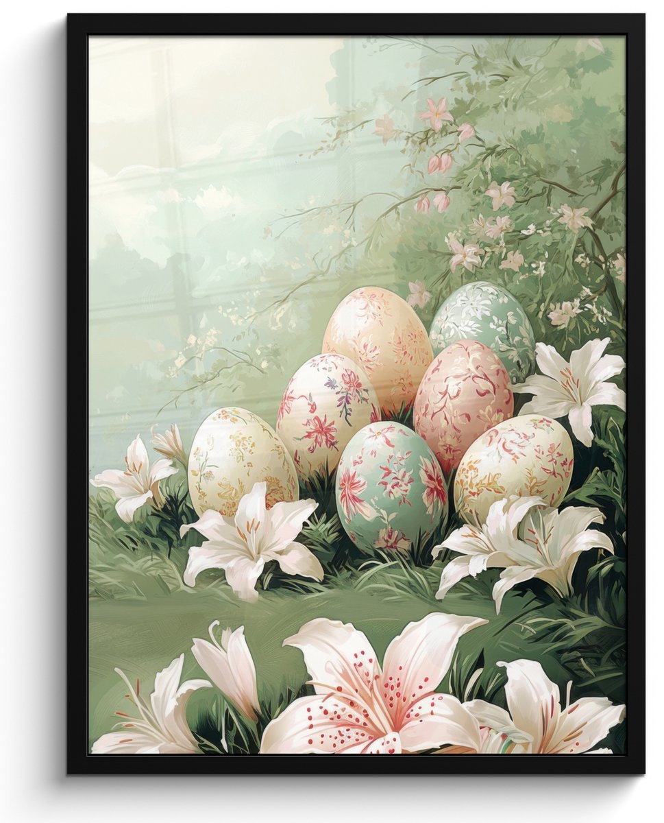 FrameYourWall Poster in lijst - Fotolijst 50x70 cm - Posters - Paaseieren - Pasteltinten - Bloemen - Posterlijst zwart - Decoratie - Wanddecoratie woonkamer - Muurdecoratie slaapkamer Eieren - Vintage