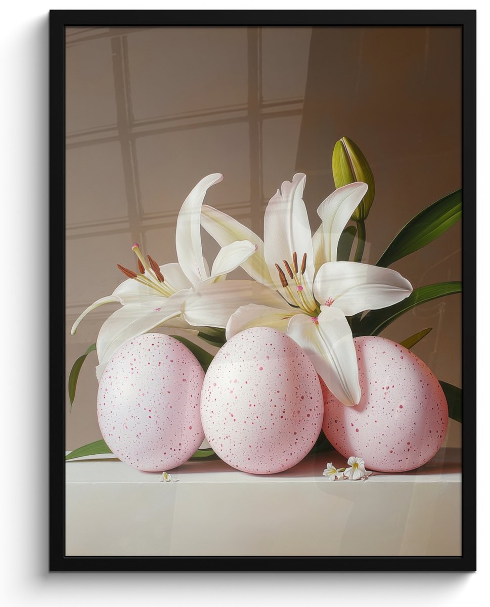FrameYourWall Poster in lijst - Fotolijst 50x70 cm - Posters - Lelies - Eieren - Pasen - Posterlijst zwart - Decoratie - Wanddecoratie woonkamer - Muurdecoratie slaapkamer