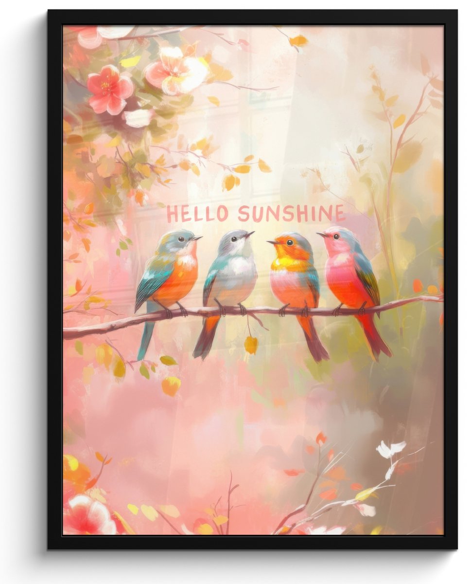 FrameYourWall Poster in lijst - Fotolijst 50x70 cm - Posters - Vogels - Tak - Quote - Roze - Posterlijst zwart - Decoratie - Wanddecoratie woonkamer - Muurdecoratie slaapkamer Vogels - Hello Sunshine