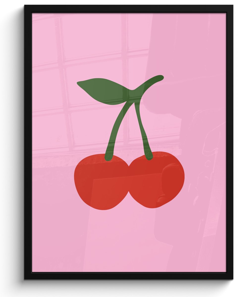 FrameYourWall Poster in lijst - Fotolijst 50x70 cm - Posters - Kersen - Roze - Illustratie - Posterlijst zwart - Decoratie - Wanddecoratie woonkamer - Muurdecoratie slaapkamer