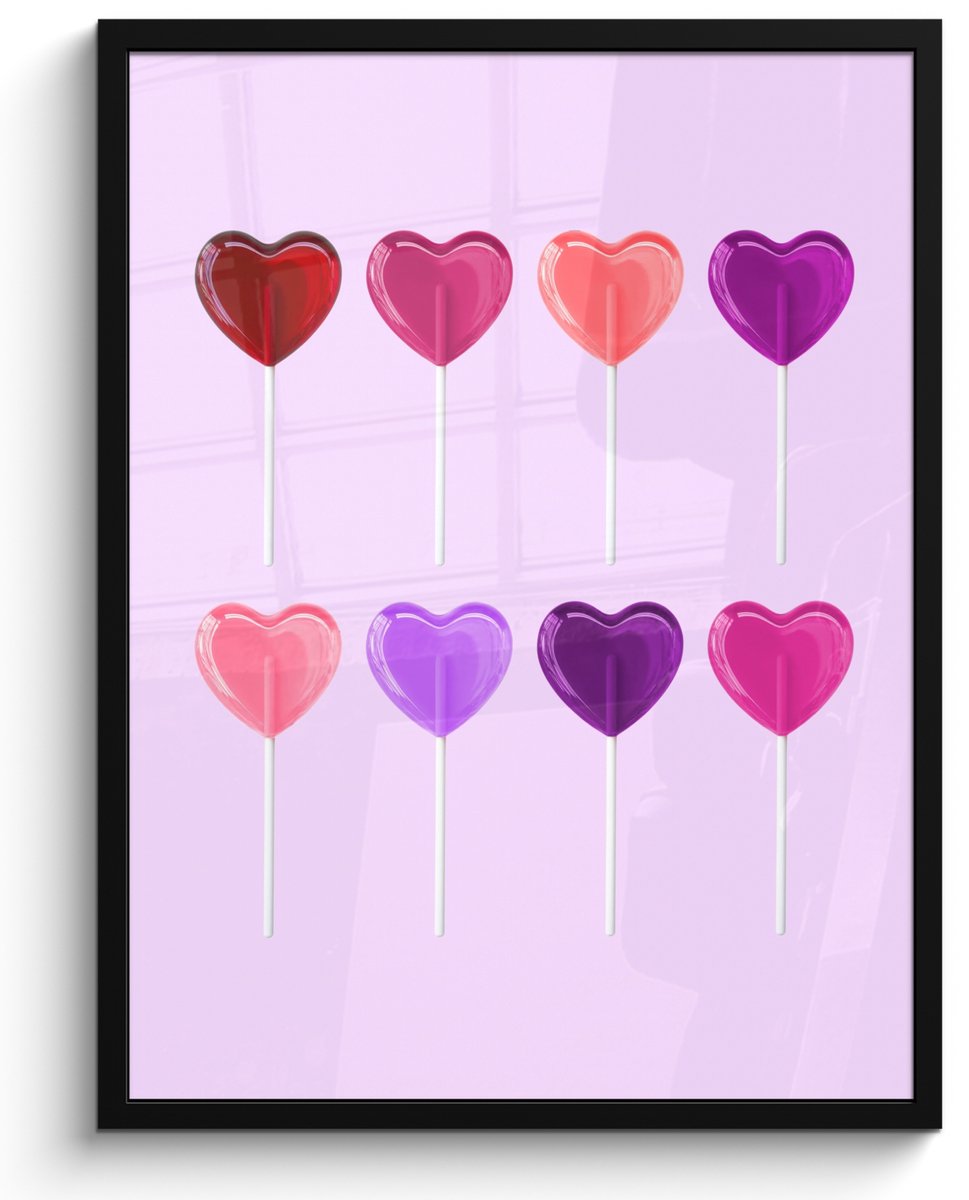 FrameYourWall Poster in lijst - Fotolijst 50x70 cm - Posters - Lolly - Hart - Roze - Snoep - Posterlijst zwart - Decoratie - Wanddecoratie woonkamer - Muurdecoratie slaapkamer