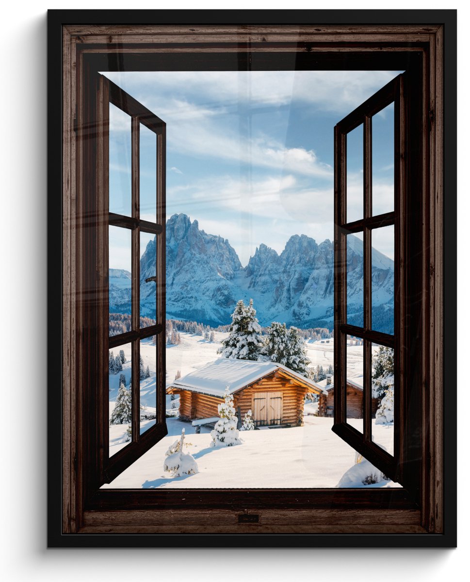 FrameYourWall Poster in lijst - Fotolijst 50x70 cm - Posters - Doorkijk - Winter - Landschap - Huisje - Bergen - Posterlijst zwart - Decoratie - Wanddecoratie woonkamer - Muurdecoratie slaapkamer