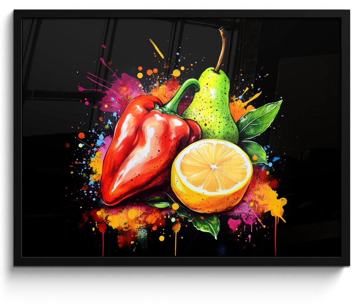 FrameYourWall Poster in lijst - Fotolijst 70x50 cm - Posters - Paprika - Peer - Citroen - Graffiti - Verf - Abstract - Posterlijst zwart - Decoratie - Wanddecoratie woonkamer - Muurdecoratie slaapkamer Graffiti - Fruit - Stuks