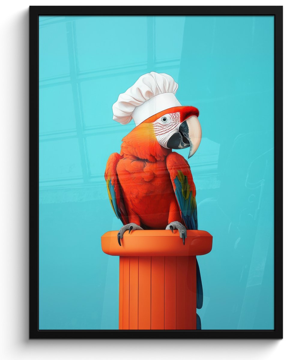 FrameYourWall Fotolijst inclusief poster - Posterlijst 50x70 cm - Posters - Ara - Koksmuts - Sokkel - Grappig - Foto in lijst - Keuken decoratie muur - Wanddecoratie accessoires - Muurdecoratie - Schilderijen Koksmuts - Papegaai