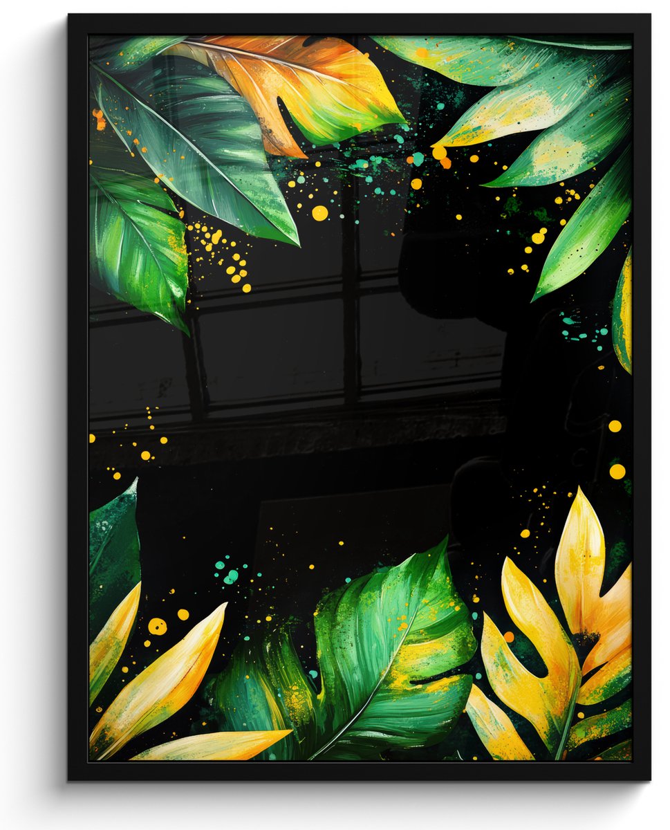FrameYourWall Poster in lijst - Fotolijst 50x70 cm - Posters - Bladeren - Groen - Geel - Verf - Jungle - Posterlijst zwart - Decoratie - Wanddecoratie woonkamer - Muurdecoratie slaapkamer Graffiti - Bladeren