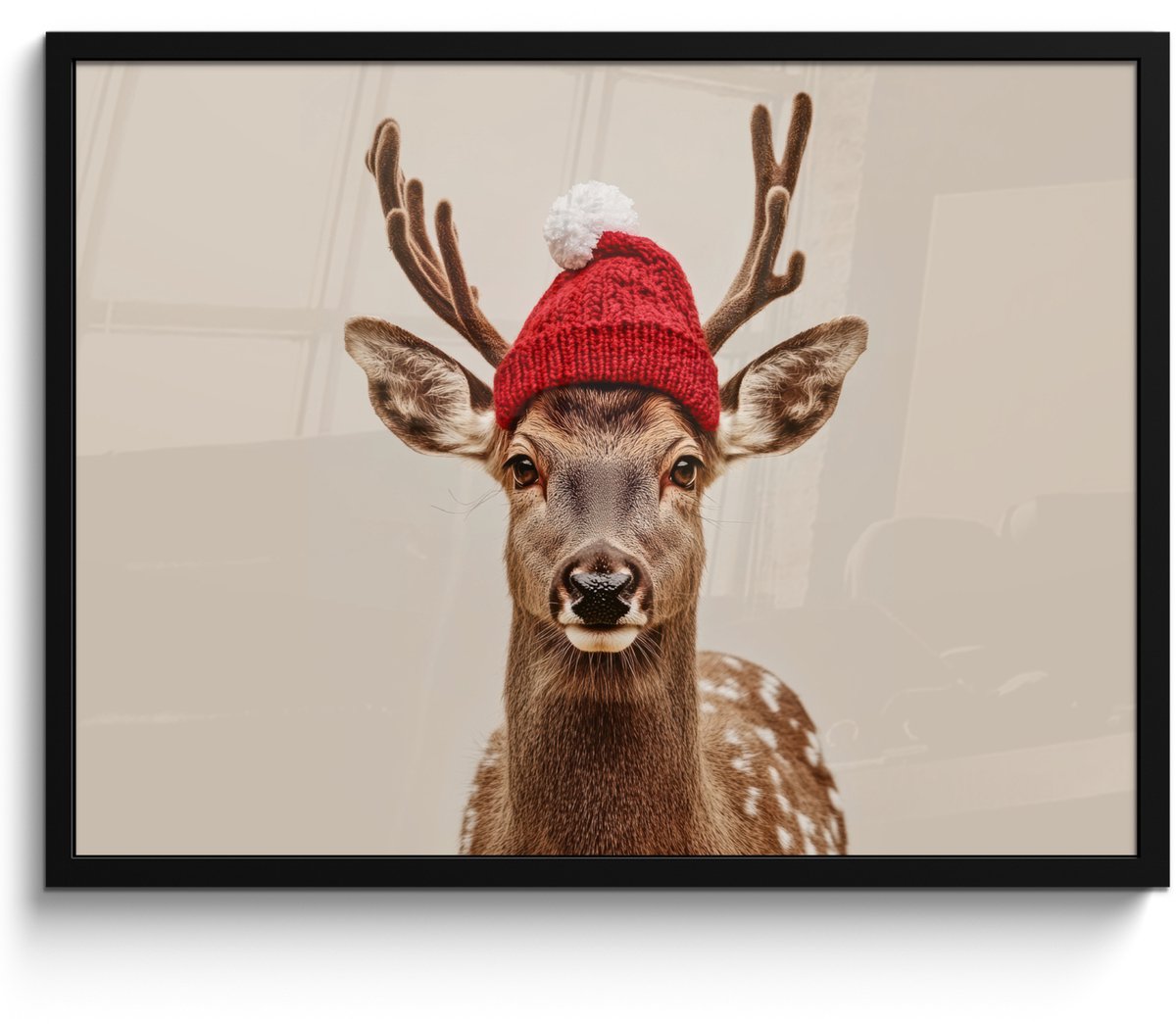 FrameYourWall Poster in lijst - Fotolijst 70x50 cm - Posters - Hert - Kerst - Muts - Dieren - Winter - Grappig - Posterlijst zwart - Decoratie - Wanddecoratie woonkamer - Muurdecoratie slaapkamer - Kerstversiering - Kerstdecoratie voor binnen - Kerstmis