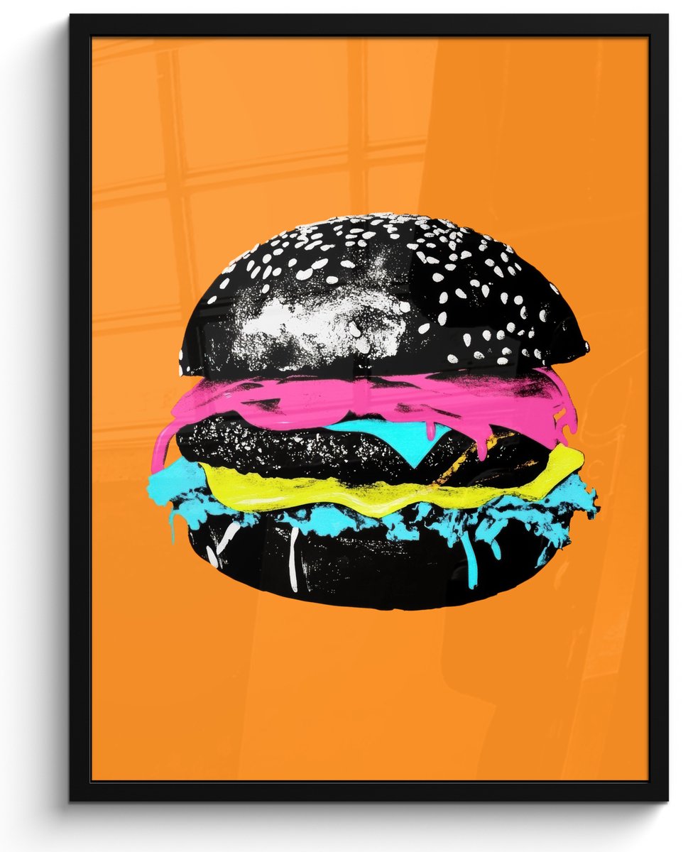 FrameYourWall Poster in lijst - Fotolijst 50x70 cm - Posters - Hamburger - Oranje - Neon - popart - Posterlijst zwart - Decoratie - Wanddecoratie woonkamer - Muurdecoratie slaapkamer Hamburger - popart