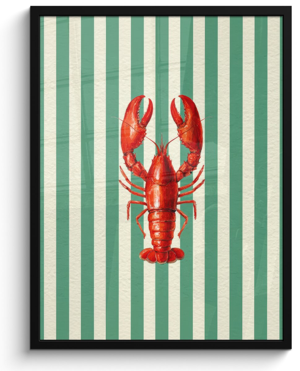 FrameYourWall Poster in lijst - Fotolijst 50x70 cm - Posters - Kreeft - Strepen - Realistisch - Zomers - Posterlijst zwart - Decoratie - Wanddecoratie woonkamer - Muurdecoratie slaapkamer Multicolor