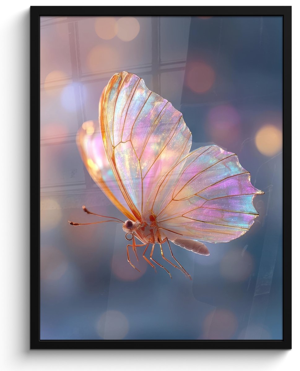 FrameYourWall Poster in lijst - Fotolijst 50x70 cm - Posters - Vlinder - Vleugels - Pastel - Glinstering - Posterlijst zwart - Decoratie - Wanddecoratie woonkamer - Muurdecoratie slaapkamer