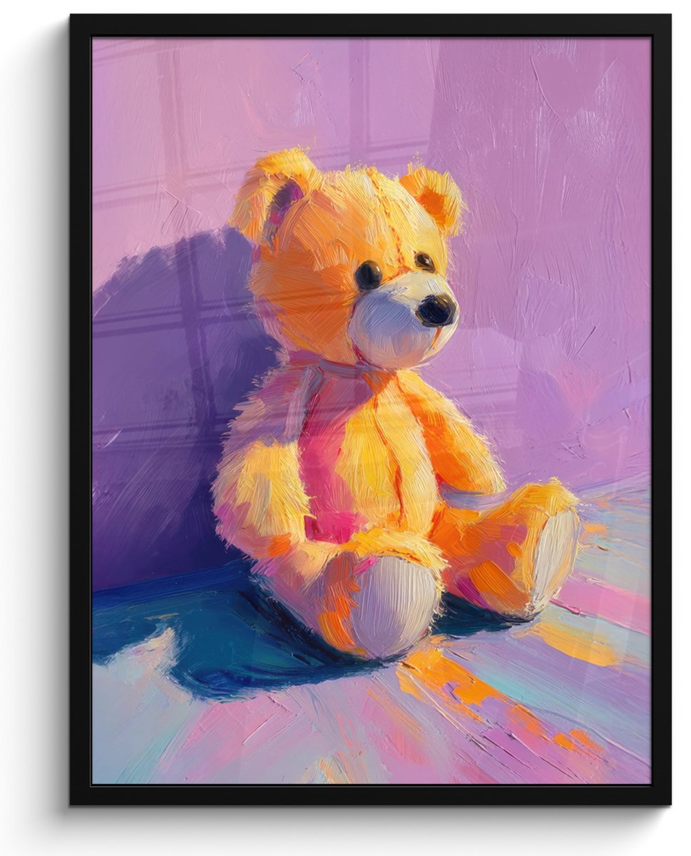 FrameYourWall Poster in lijst - Fotolijst 50x70 cm - Posters - Teddybeer - Schaduw - Penseelstreken - Paars - Posterlijst zwart - Decoratie - Wanddecoratie woonkamer - Muurdecoratie slaapkamer