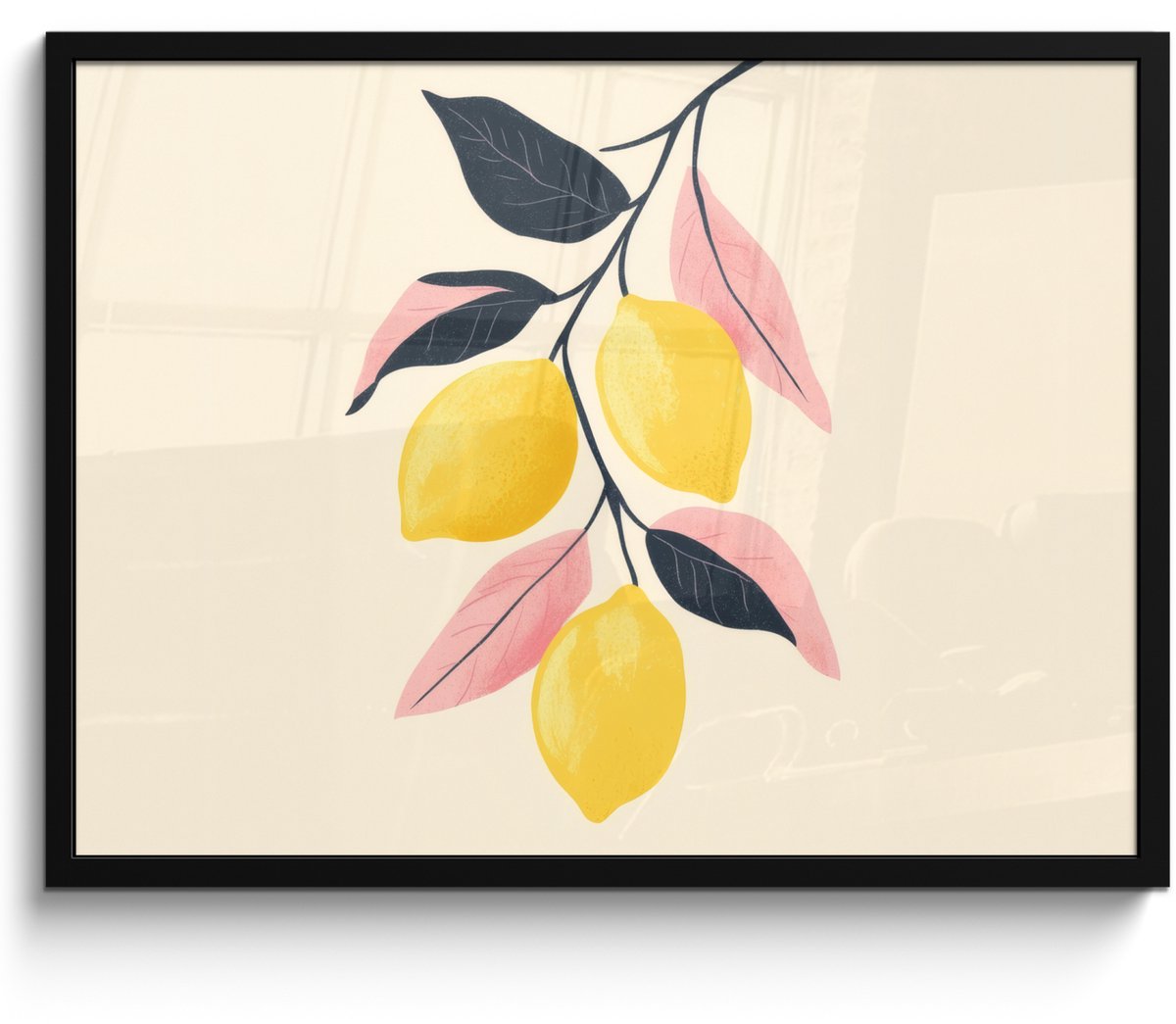 FrameYourWall Poster in lijst - Fotolijst 70x50 cm - Posters - Citroenen - Felgeel - Tak - Bladeren - Posterlijst zwart - Decoratie - Wanddecoratie woonkamer - Muurdecoratie slaapkamer Citroenen - Tak - Bladeren