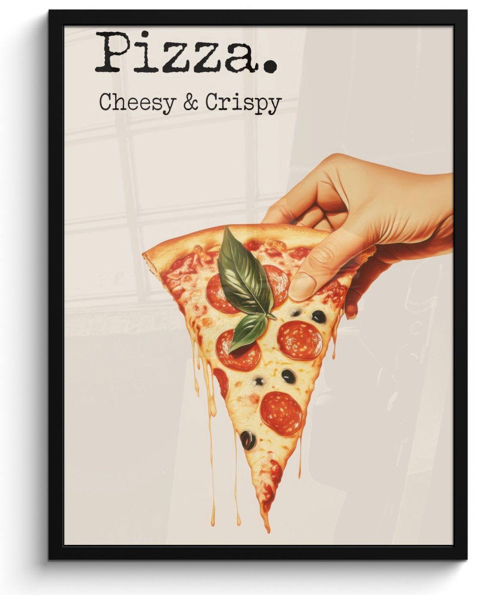 FrameYourWall Poster in lijst - Fotolijst 50x70 cm - Posters - Pizza - Kaas - Pepperoni - Posterlijst zwart - Decoratie - Wanddecoratie woonkamer - Muurdecoratie slaapkamer Pizza - Tekst