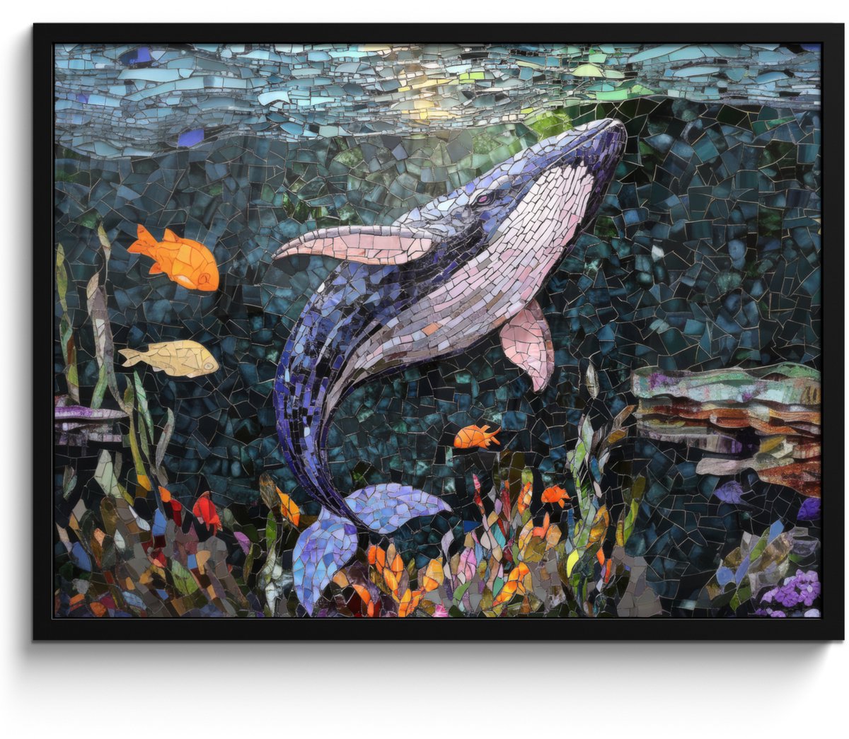 FrameYourWall Poster in lijst - Fotolijst 70x50 cm - Posters - Mozaïek - Walvis - Koraal - Water - Posterlijst zwart - Decoratie - Wanddecoratie woonkamer - Muurdecoratie slaapkamer