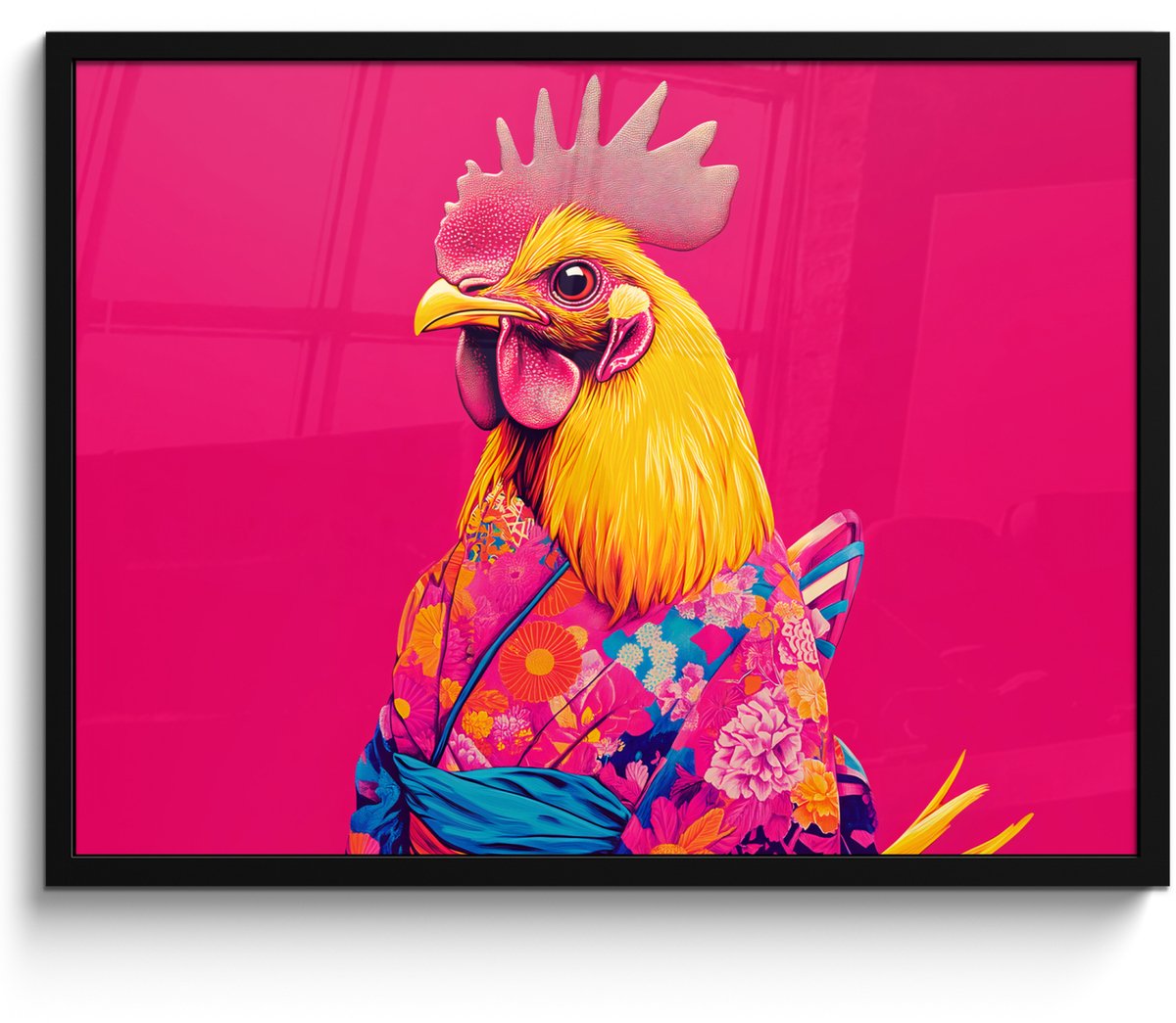 FrameYourWall Poster in lijst - Fotolijst 70x50 cm - Posters - Haan - Kleurrijk - Kimono - Roze - Posterlijst zwart - Decoratie - Wanddecoratie woonkamer - Muurdecoratie slaapkamer