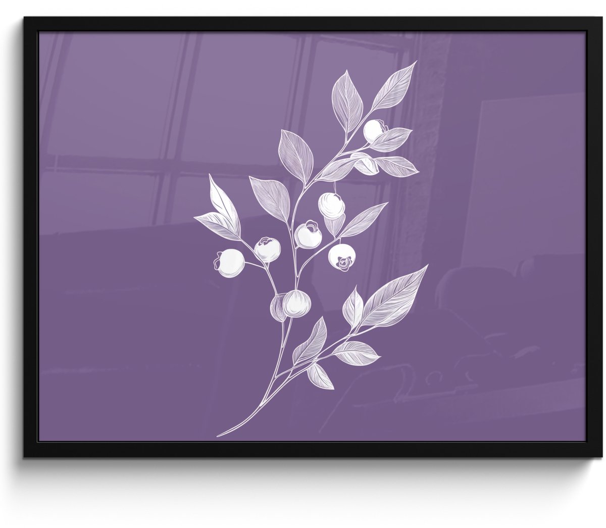 FrameYourWall Poster in lijst - Fotolijst 70x50 cm - Posters - Tak - Sierlijk - Bladeren - Minimalistisch - Posterlijst zwart - Decoratie - Wanddecoratie woonkamer - Muurdecoratie slaapkamer Bosbessen