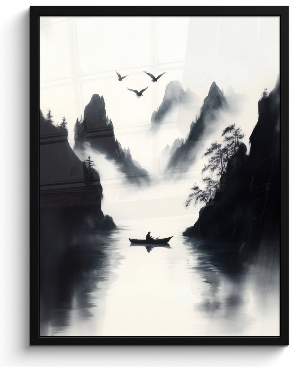 FrameYourWall Poster in lijst - Fotolijst 50x70 cm - Posters - Roeiboot - Mistig - Bergen - Vogels - Posterlijst zwart - Decoratie - Wanddecoratie woonkamer - Muurdecoratie slaapkamer Roeibooit - Bergen