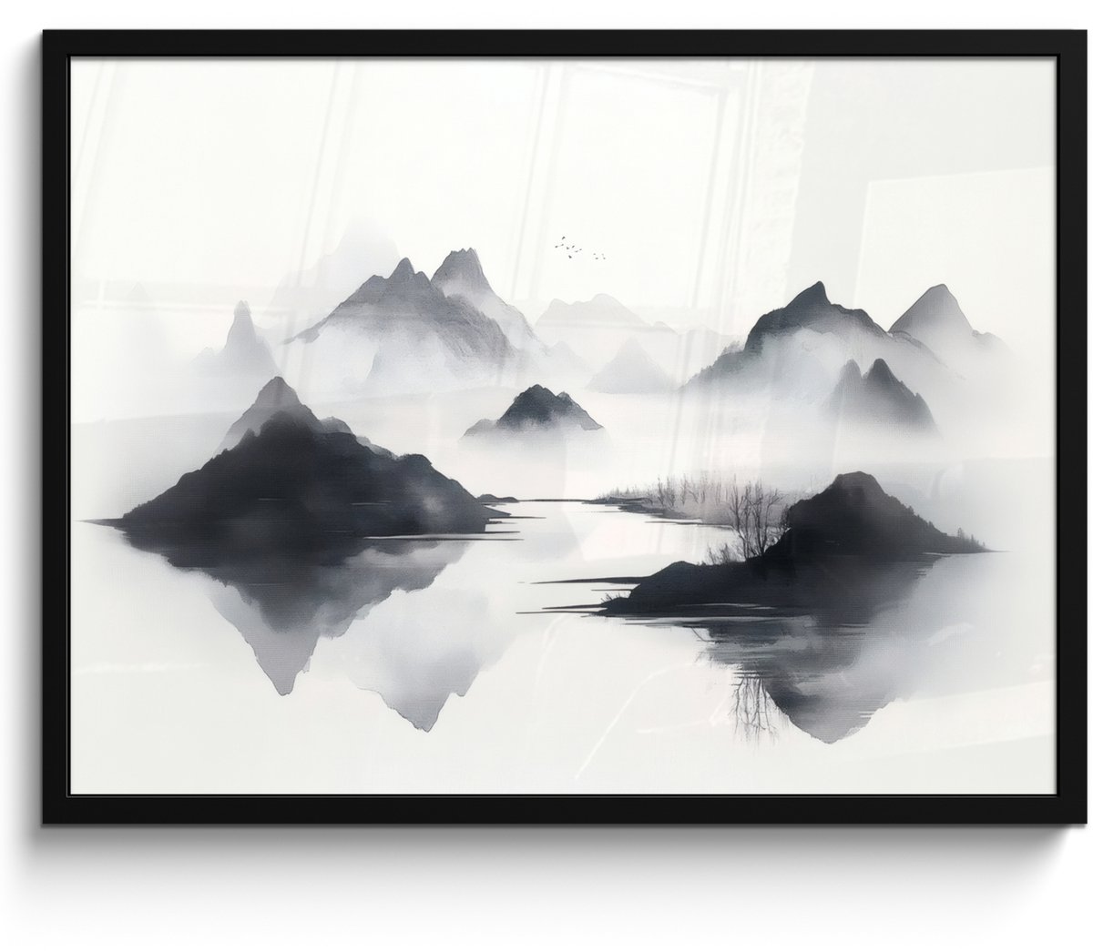FrameYourWall Poster in lijst - Fotolijst 70x50 cm - Posters - Bergen - Mistig - Water - Wit - Posterlijst zwart - Decoratie - Wanddecoratie woonkamer - Muurdecoratie slaapkamer