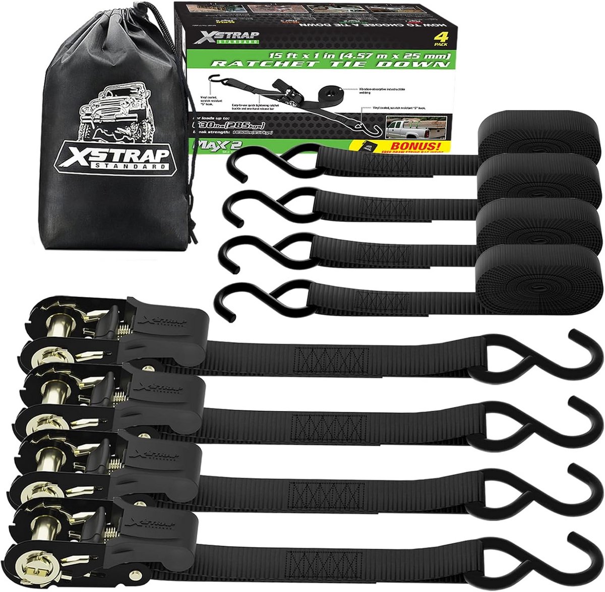 Set van 4 Spanbanden met Ratel - 25 mm x 4.5 Meter - Sterke Zwarte Ladingzekering voor Strappen