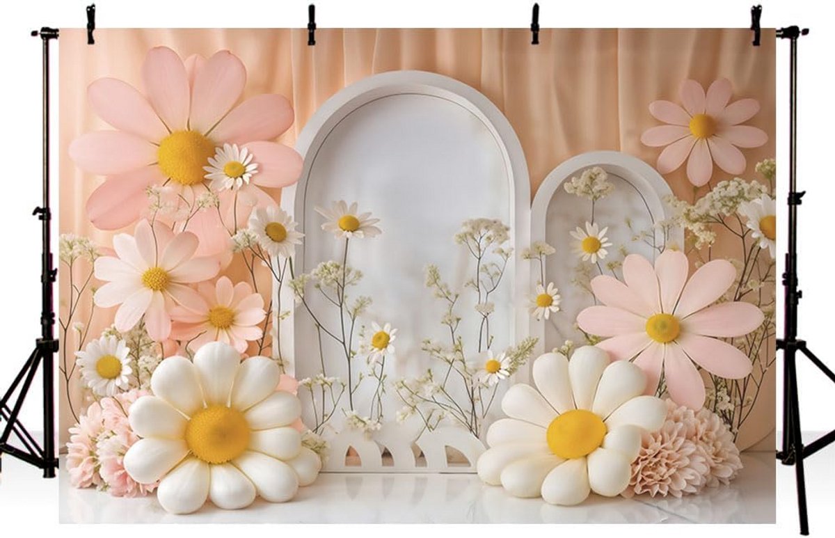 Witte en roze daisy achtergrond met boog voor kinderfeestjes en fotostudio