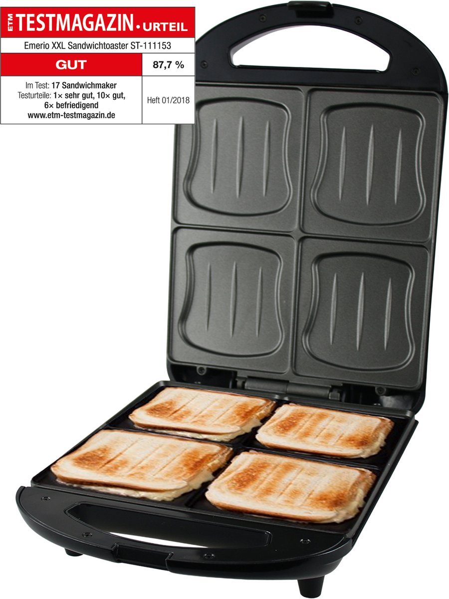 Bol.com Emerio Tosti Apparaat XXL - 4 Tosti's - PFAS-vrij - 1300W - Groot Grilloppervlak - Sandwich maker RVS - Bakplaat ST-1111... aanbieding