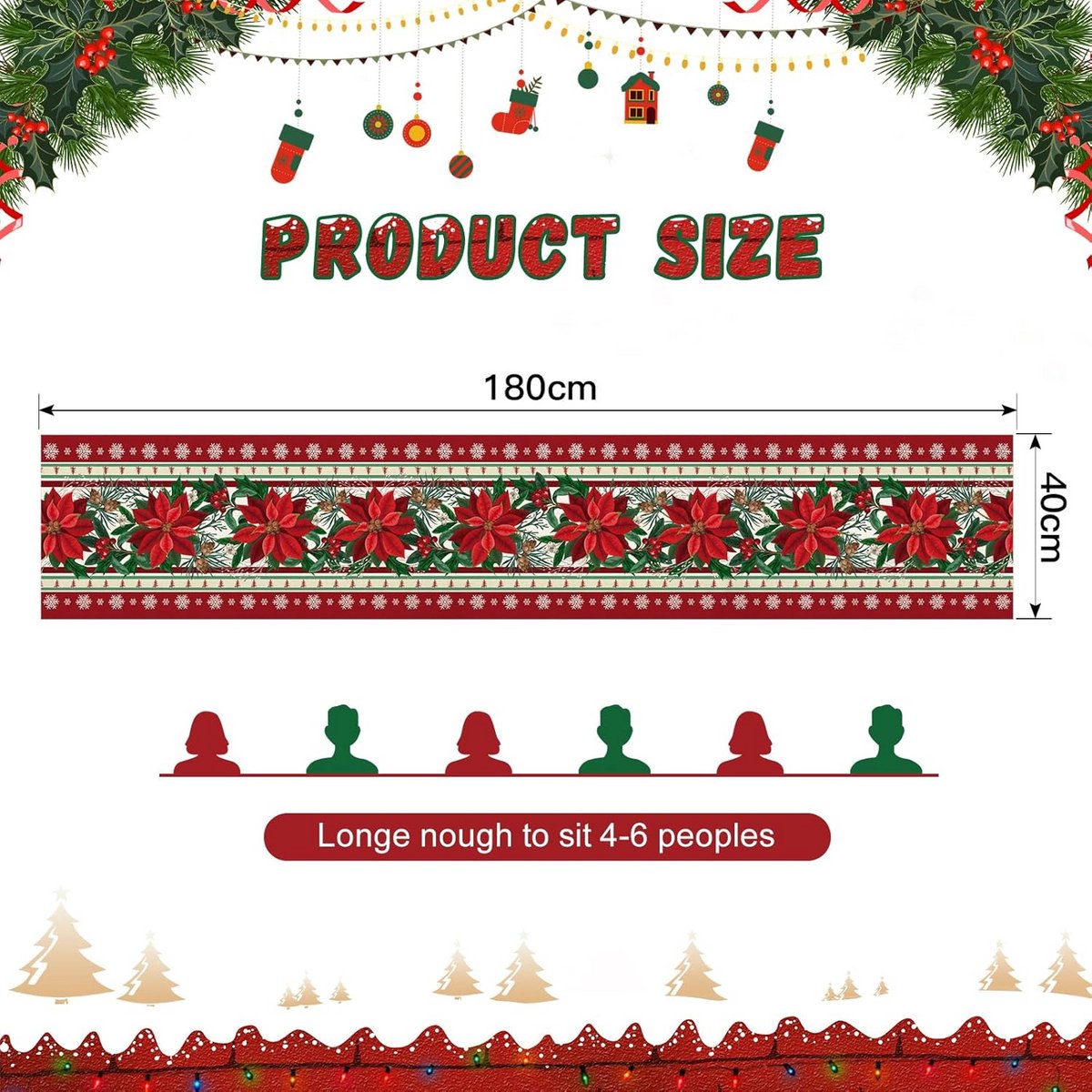 Kerst tafelloper 40x180cm rood groen dennenhut kerstbollen feestelijke sfeer