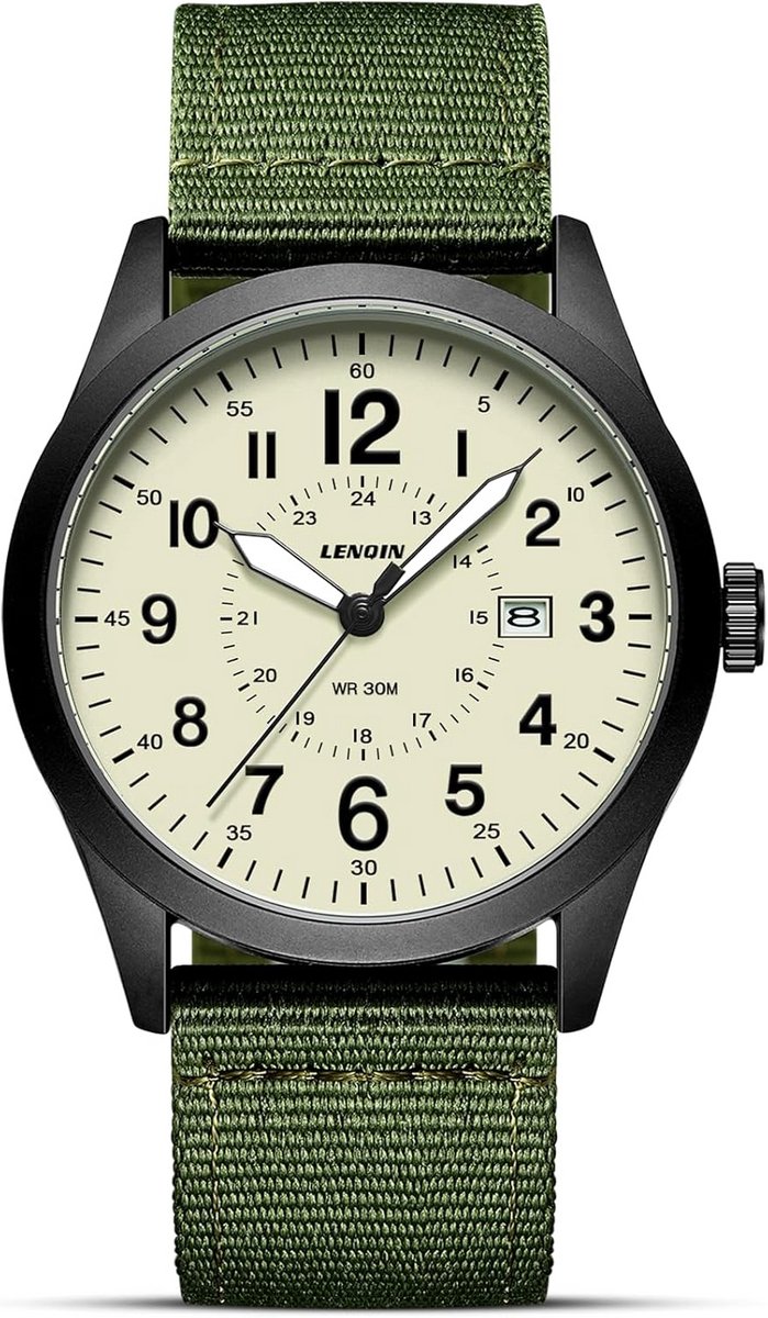Herenhorloge Militair Analoog Kwarts Waterdicht met Nylon Band en Datumweergave