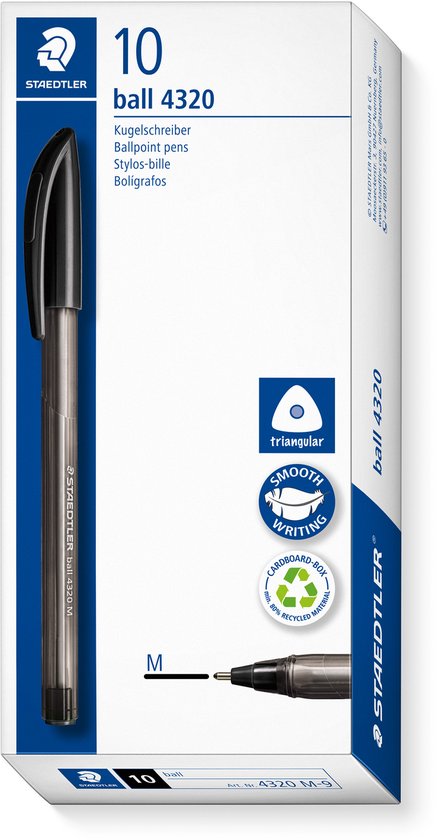 STAEDTLER ball 4320 - Stylo à bille triangulaire - noir - Medium - Boîte de 10 pièces