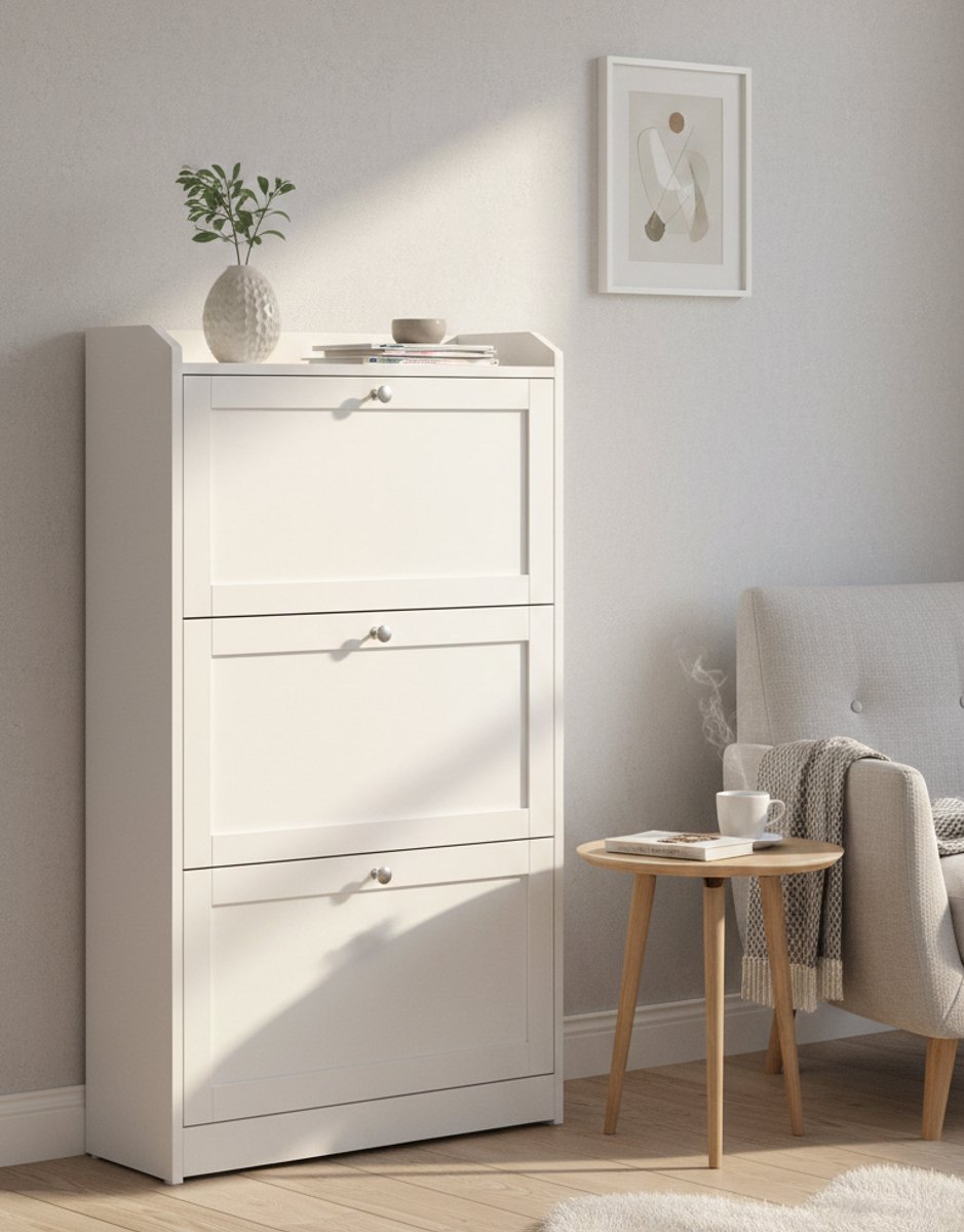 Modena Schoenenkast met 3 Kleppen – Ruim Schoenenrek voor Maximaal 18 Paar Schoenen – Verstelbare Scheidingswand & Bovenplaat – Compacte Hal- & Garderobekast Wolkenwit 24 x 60 x 108 cm - House&Garden