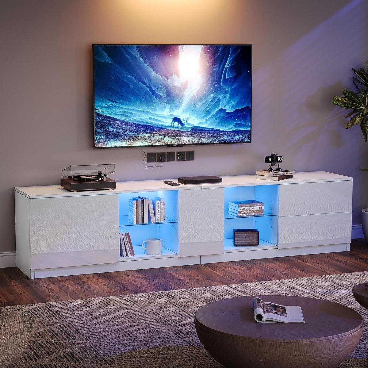 Moderne TV Kast Laag Wit met LED Verlichting en Opbergruimte voor Televisie tot 65 Inch