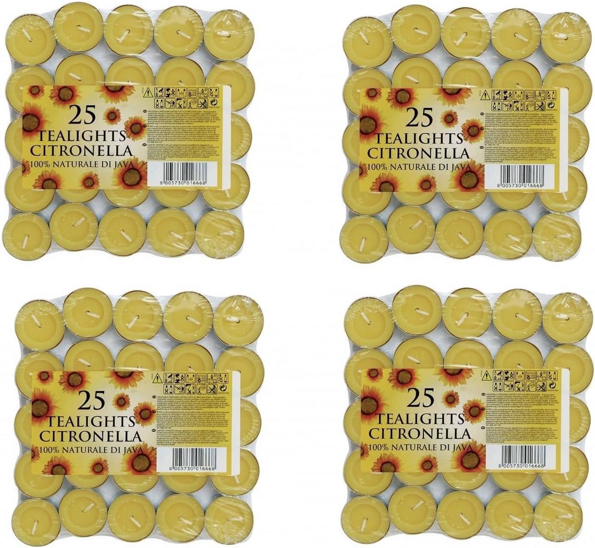 Grote set theelichtjes met citronella voor buiten, 100 stuks