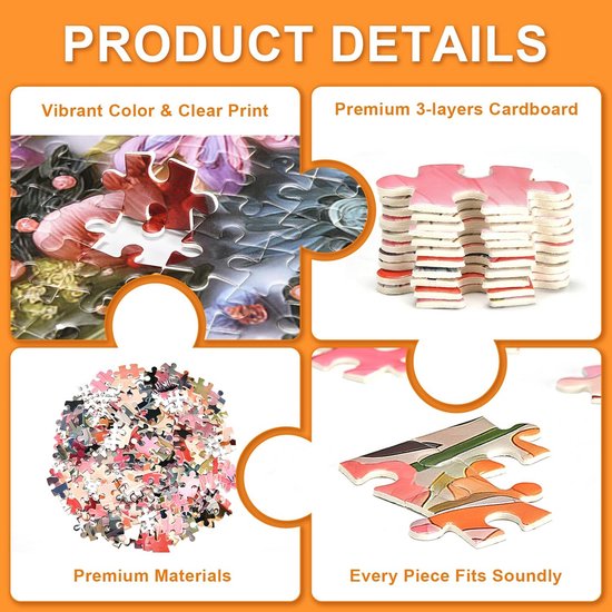 Productdetails: Levendige kleuren, 3-laags karton, premium materialen en passend montuur van puzzelstukjes.