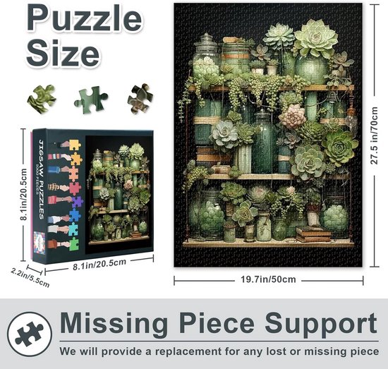 Afmetingen van een 1000-delige puzzel van 50x70cm met groene planten, getoond met de doos en enkele losse stukjes.