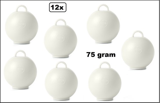 Twaalf witte ballon gewichten van 75 gram met lus en 'We FIESTA' logo.