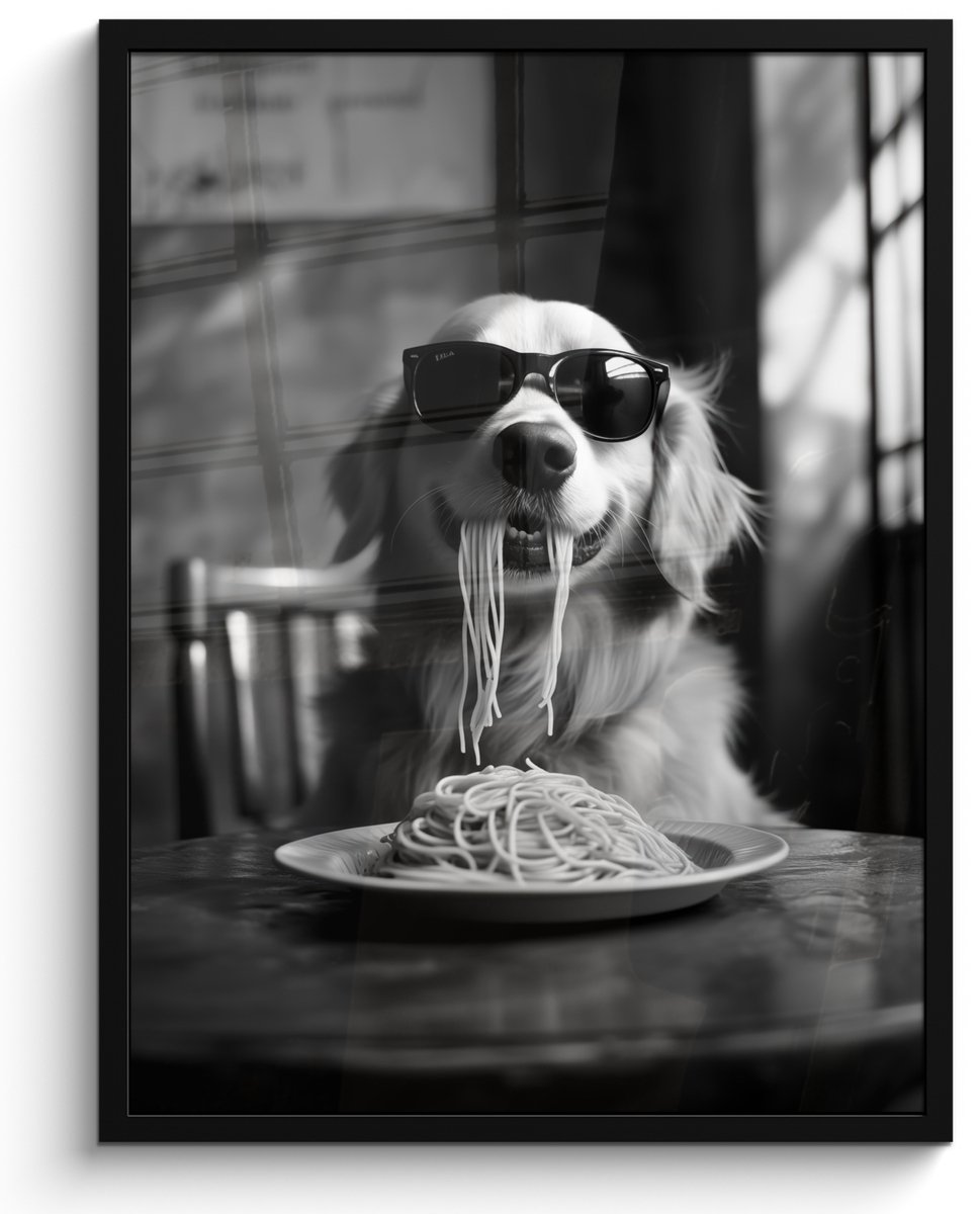 FrameYourWall Poster in lijst - Fotolijst 50x70 cm - Posters - Golden Retriever - Hond - Vrolijk - Bord spaghetti - Zwart - wit - Posterlijst zwart - Decoratie - Wanddecoratie woonkamer - Muurdecoratie slaapkamer