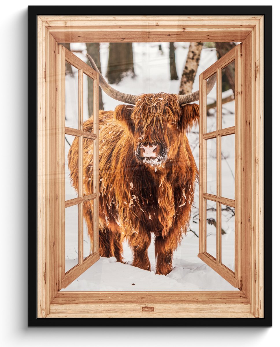 FrameYourWall Poster in lijst - Fotolijst 50x70 cm - Posters - Schotse Hooglander - Winter - Landschap - Natuur - Dieren - Doorkijk - Posterlijst zwart - Decoratie - Wanddecoratie woonkamer - Muurdecoratie slaapkamer
